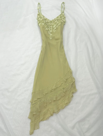 Bean Green Floral A Line Spaghetti Strap Beaded Layered Chiffon Homecoming Dress Party Dress HZ1023